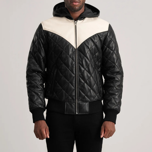 Black Hooded Bomber Leather Puffer Jacket