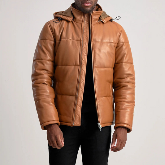 Hooded Leather Puffer Jacket