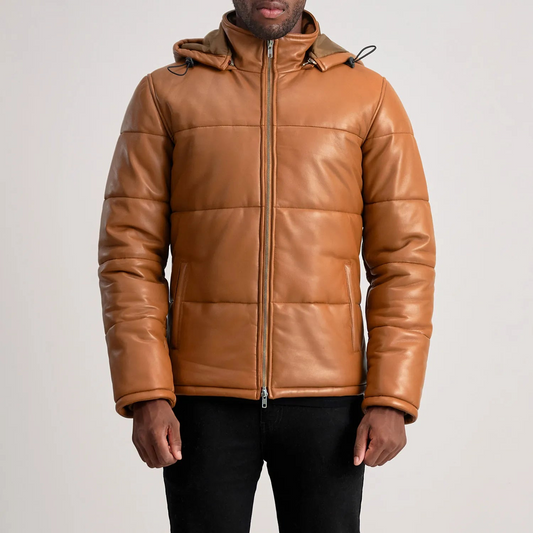 Hooded Leather Puffer Jacket