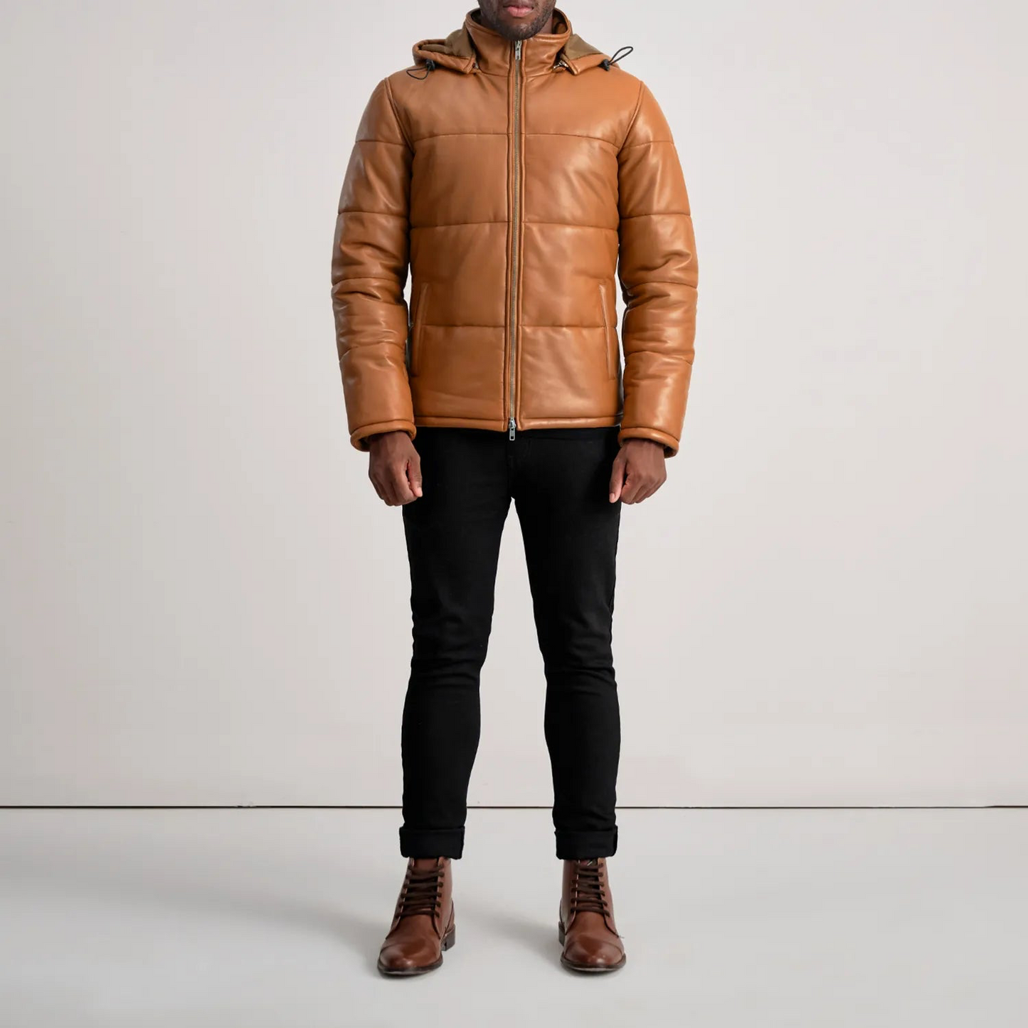 Hooded Leather Puffer Jacket