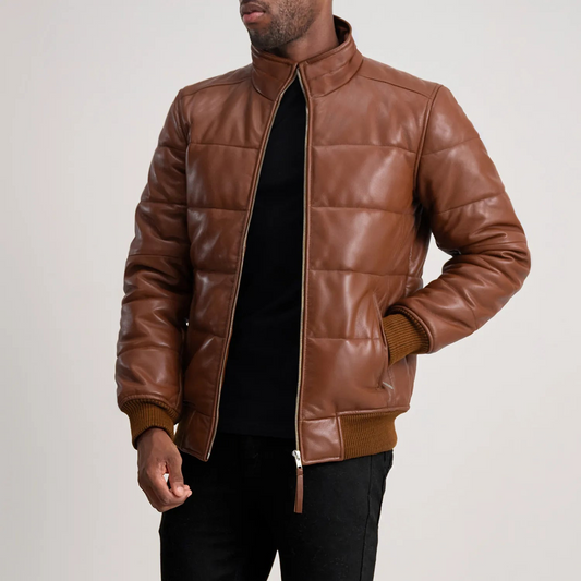 Brown Leather Puffer Bomber Jacket