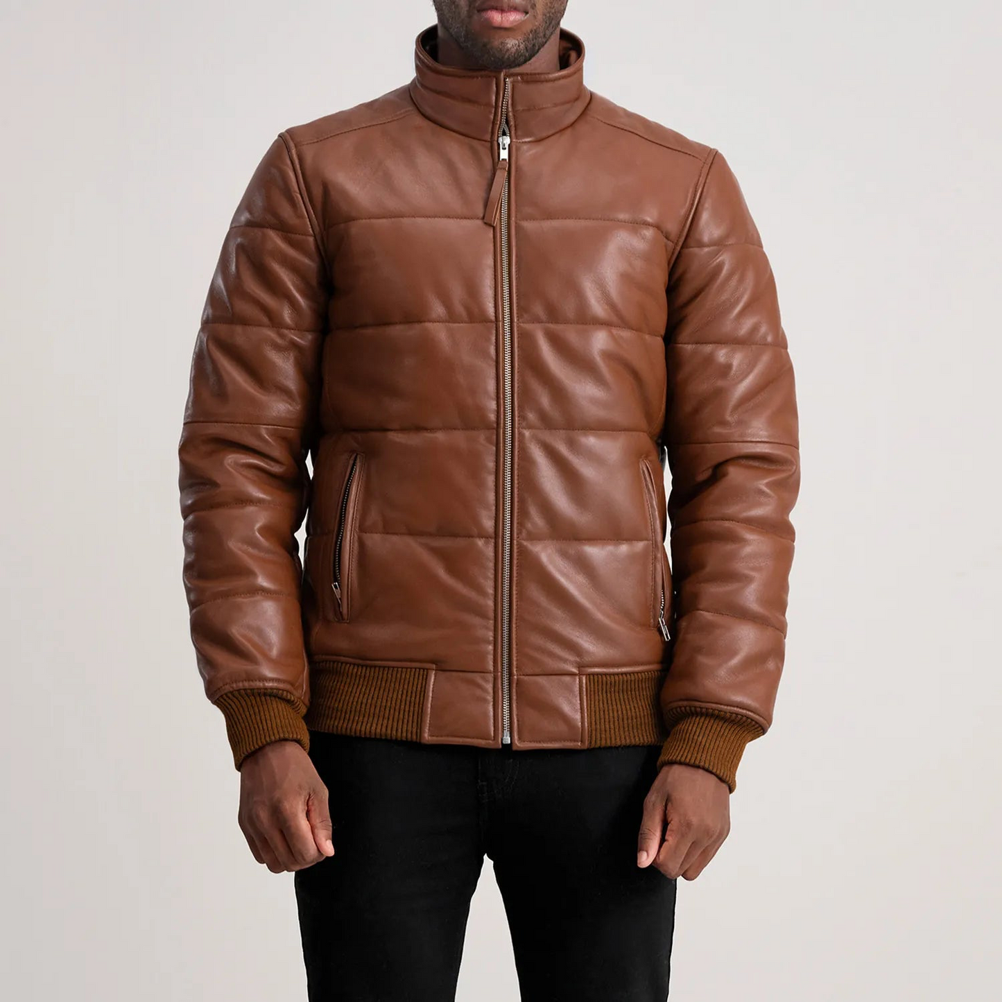 Brown Leather Puffer Bomber Jacket
