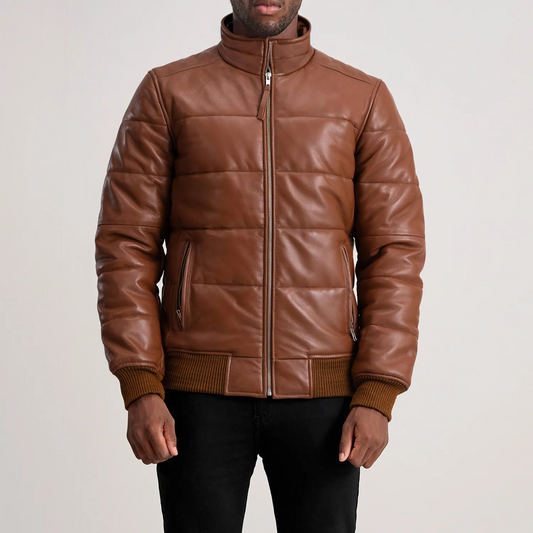 Brown Leather Puffer Bomber Jacket