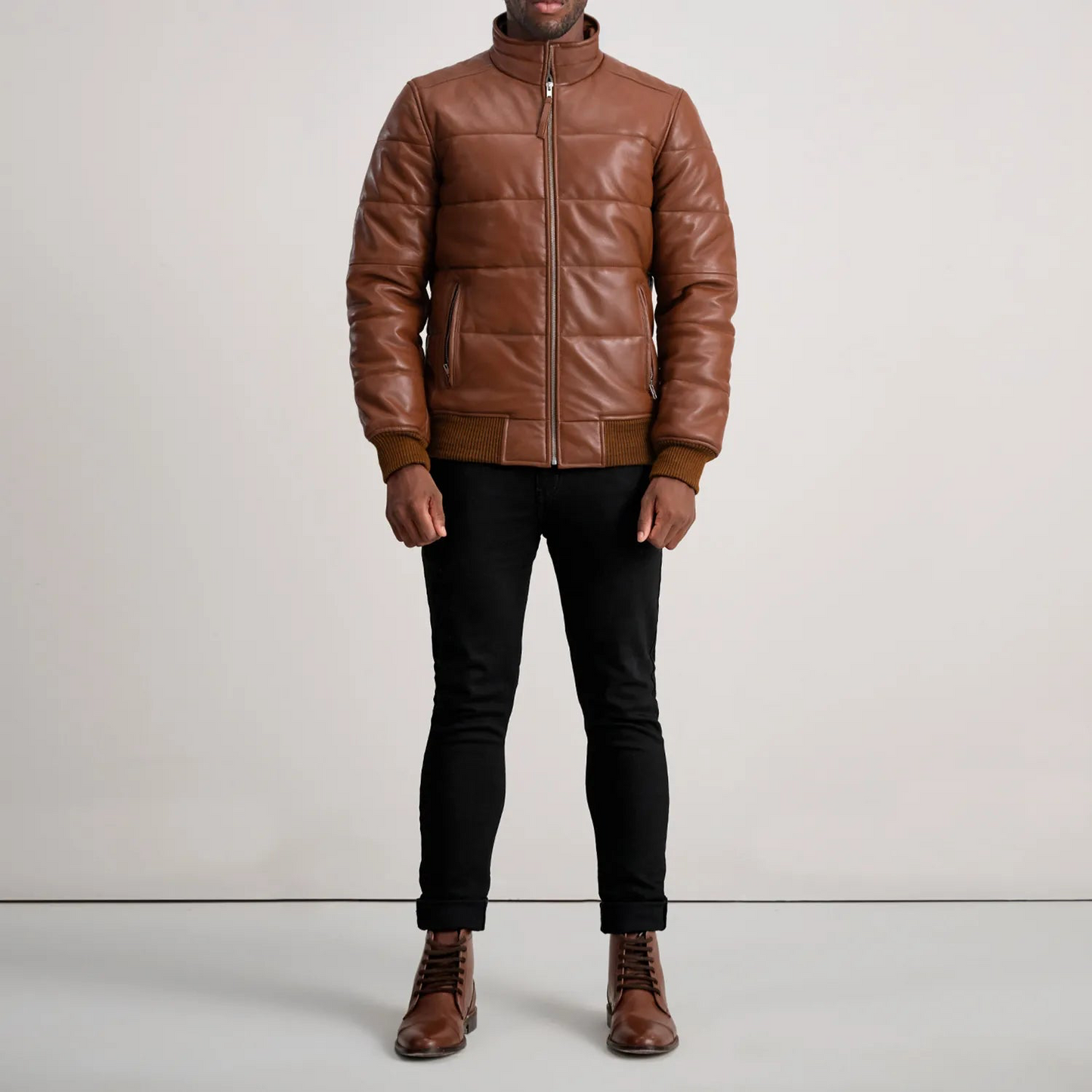 Brown Leather Puffer Bomber Jacket