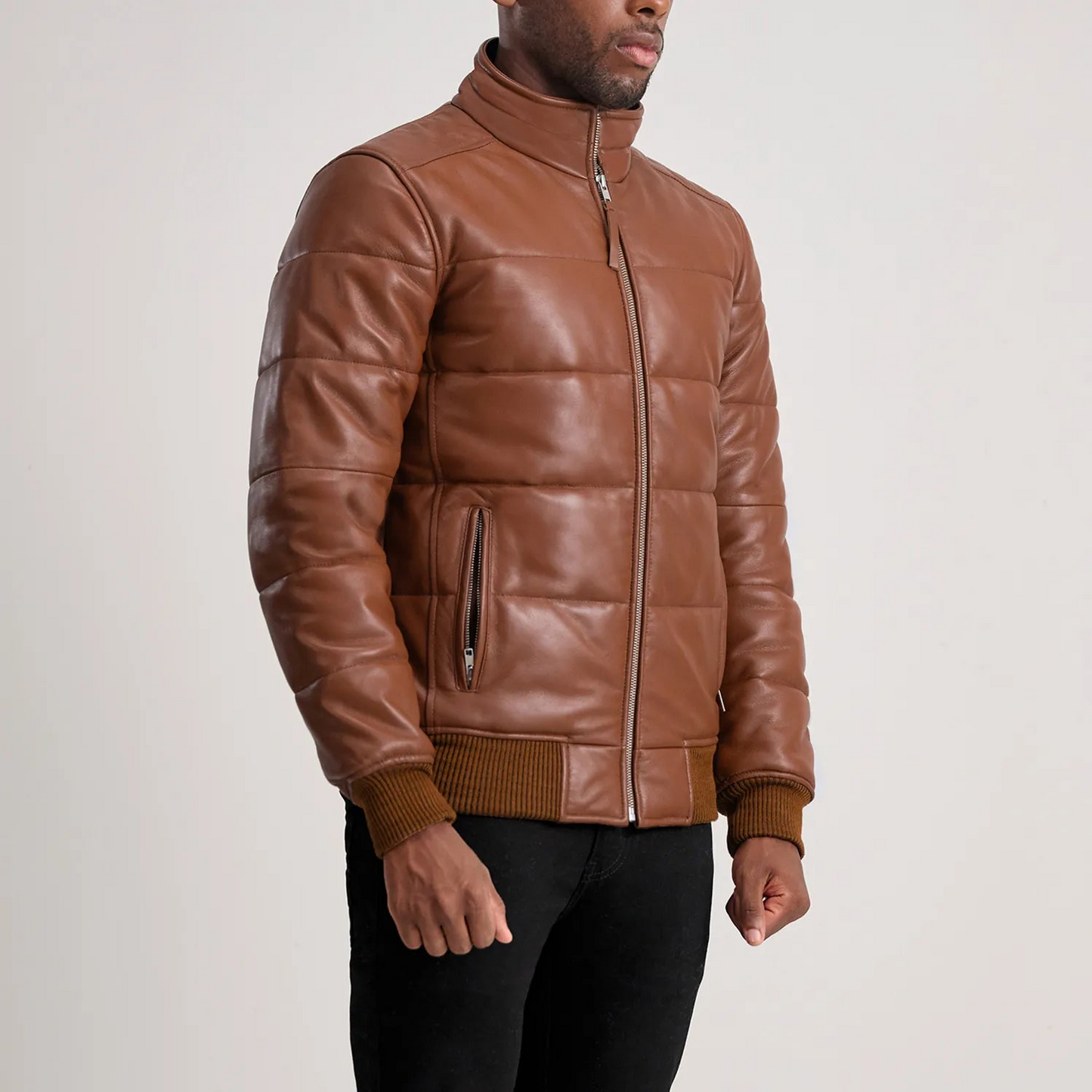 Brown Leather Puffer Bomber Jacket