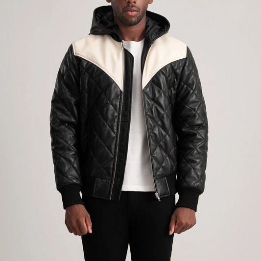 Black Hooded Bomber Leather Puffer Jacket