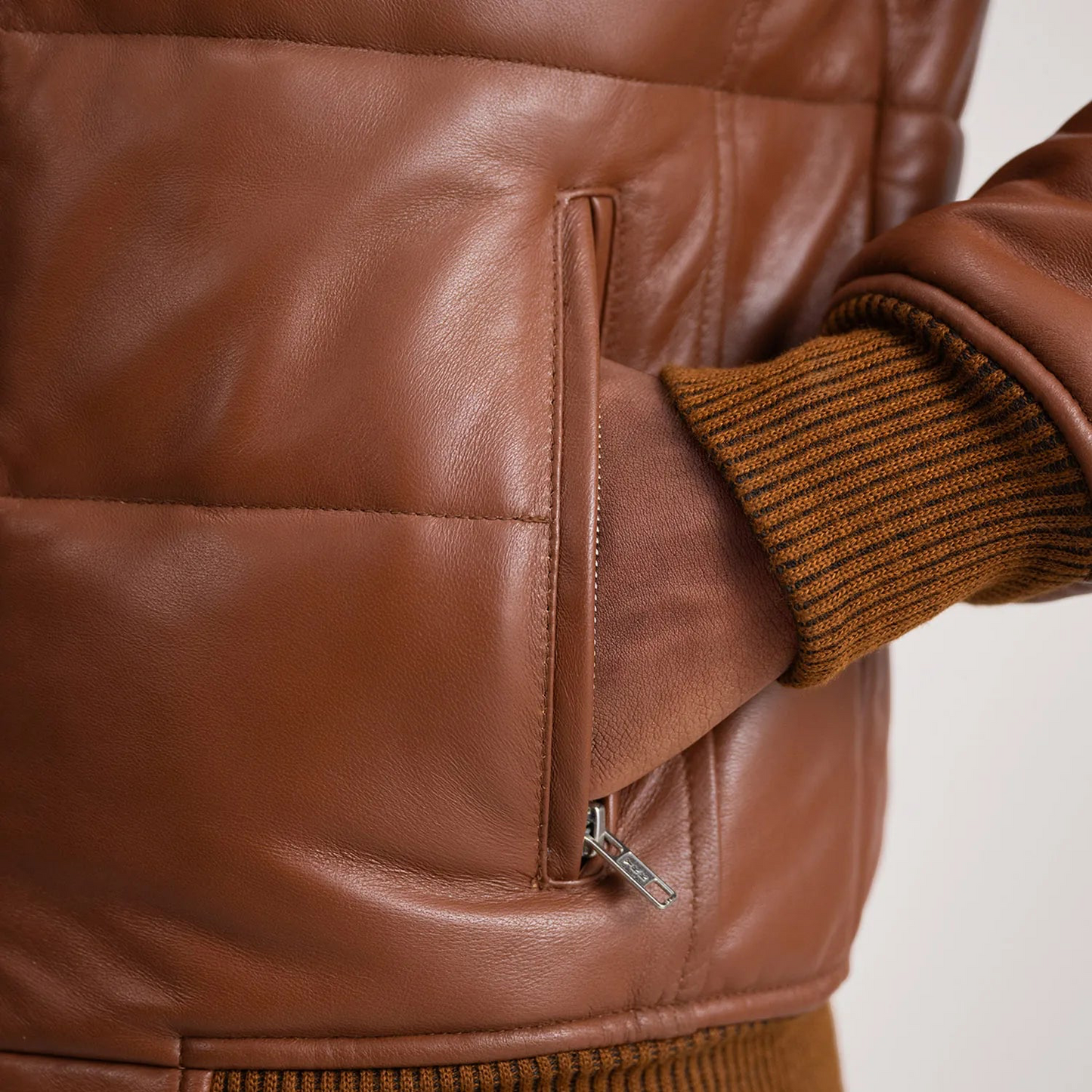 Brown Leather Puffer Bomber Jacket