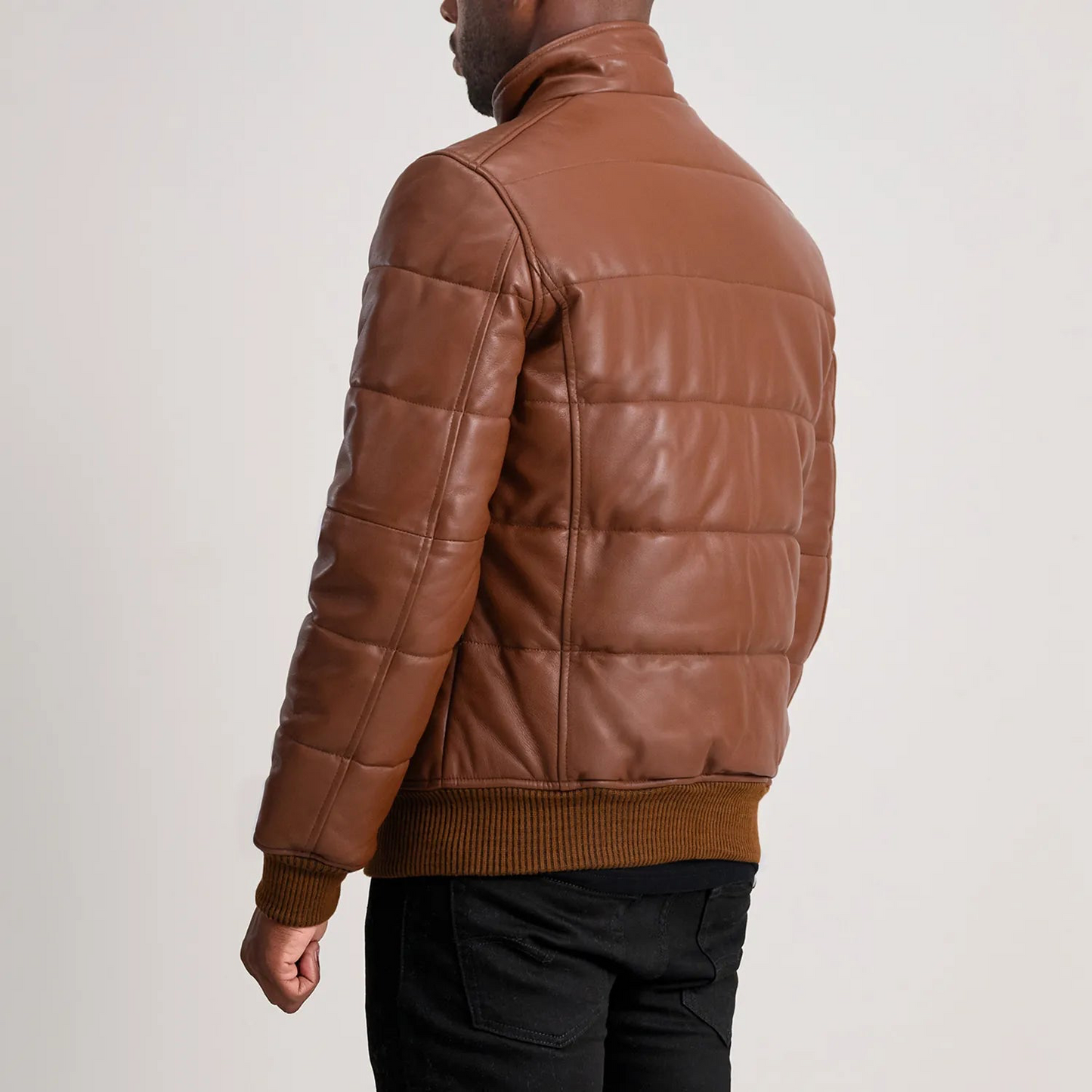 Brown Leather Puffer Bomber Jacket