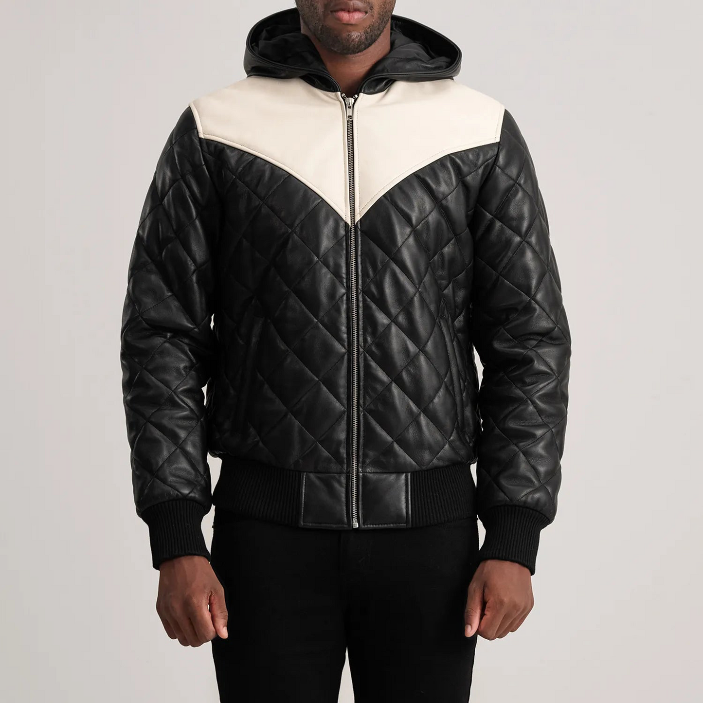 Black Hooded Bomber Leather Puffer Jacket
