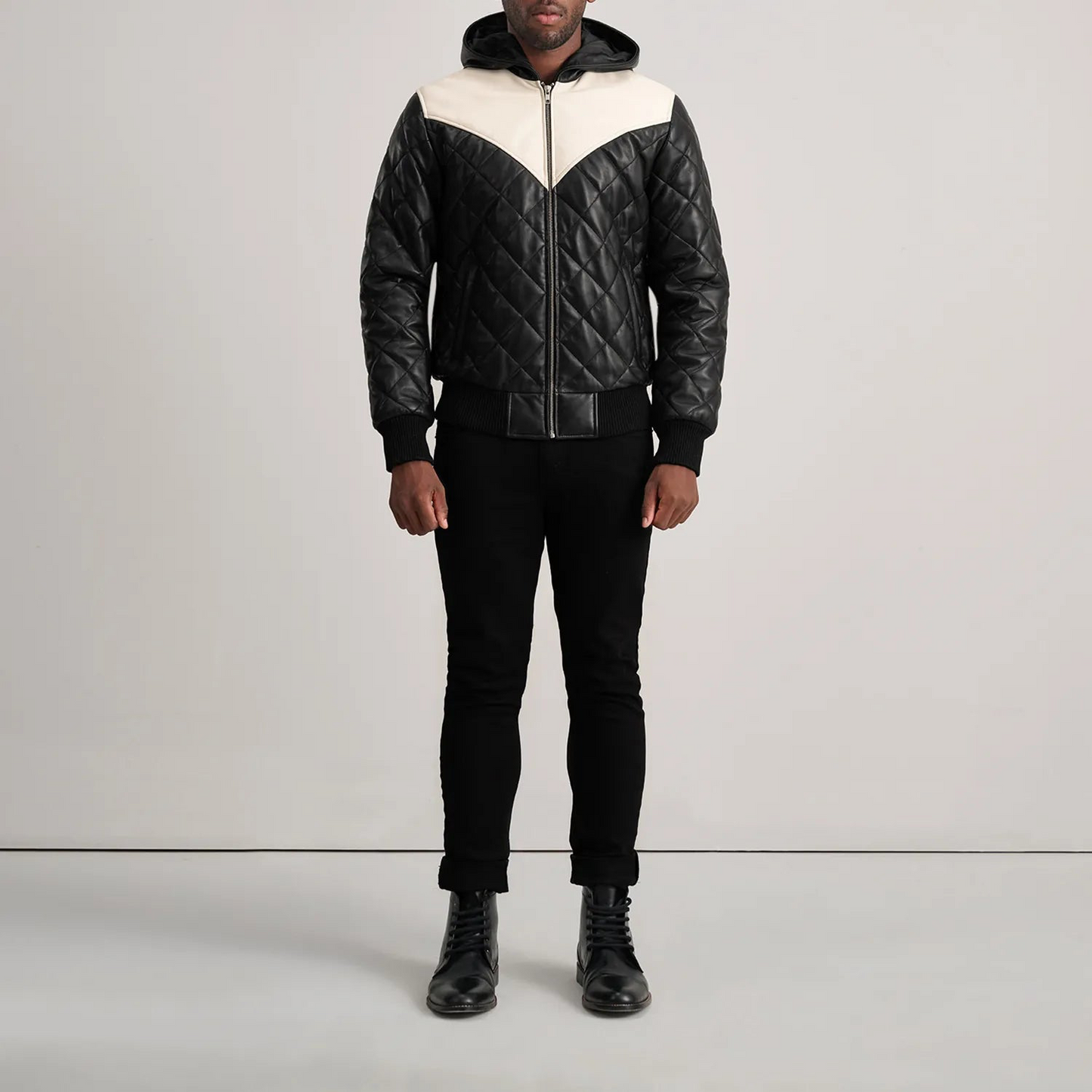 Black Hooded Bomber Leather Puffer Jacket