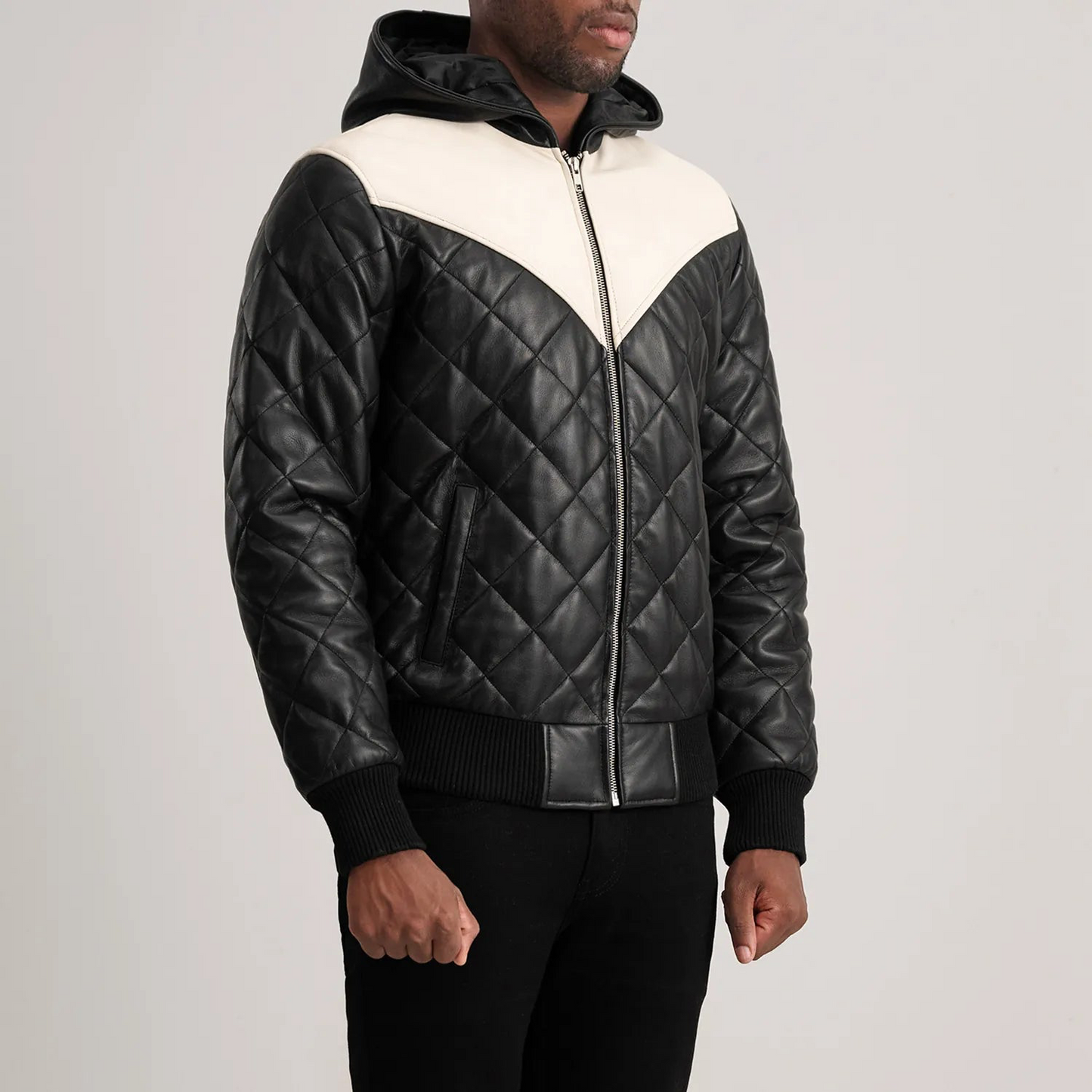 Black Hooded Bomber Leather Puffer Jacket