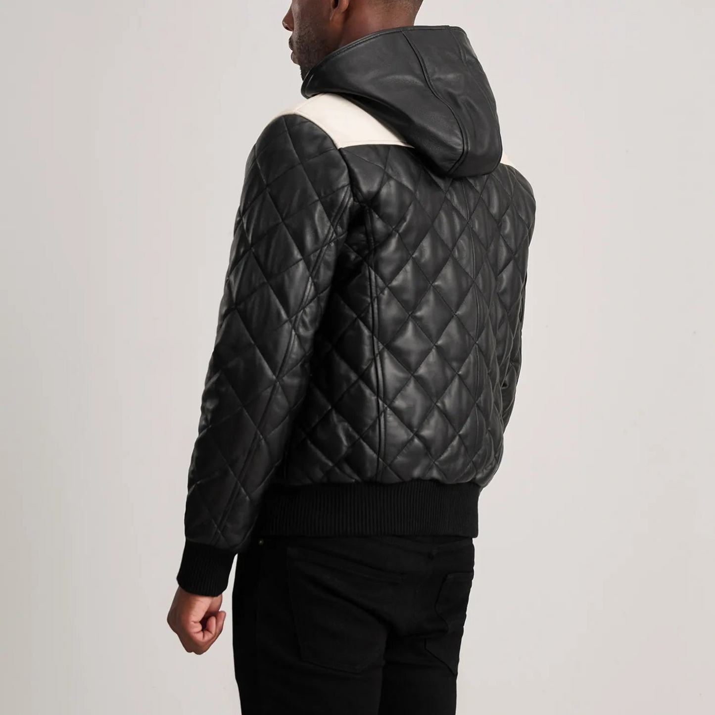 Black Hooded Bomber Leather Puffer Jacket